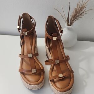 Franco Sarto Tan Espadrille Wedge Sandals with Square Metallic Accents